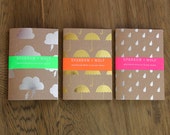 Set of 3 gold/silver kraft pocket Metallic notebooks Weather: Raindrop, Umbrella, Cloud storm foil Cute Sketchbook