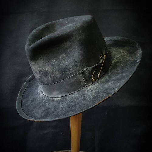 Distressed Black Fedora Hat Wide Brim 