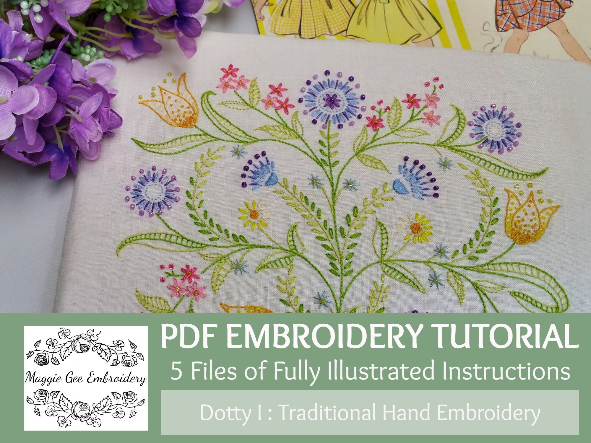Traditional Embroidery PDF Tutorial Pack : Dotty (Bright) Fully  illu…