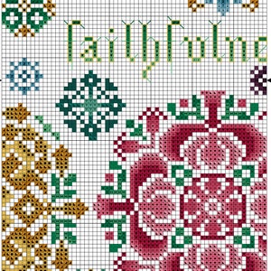 May include: Cross stitch pattern for a sampler featuring the word "Welcome" in green and gold thread. The pattern also includes a rose, a flower, and a geometric design. The pattern is titled "Graces Sampler" and is by Margaret Raymond.