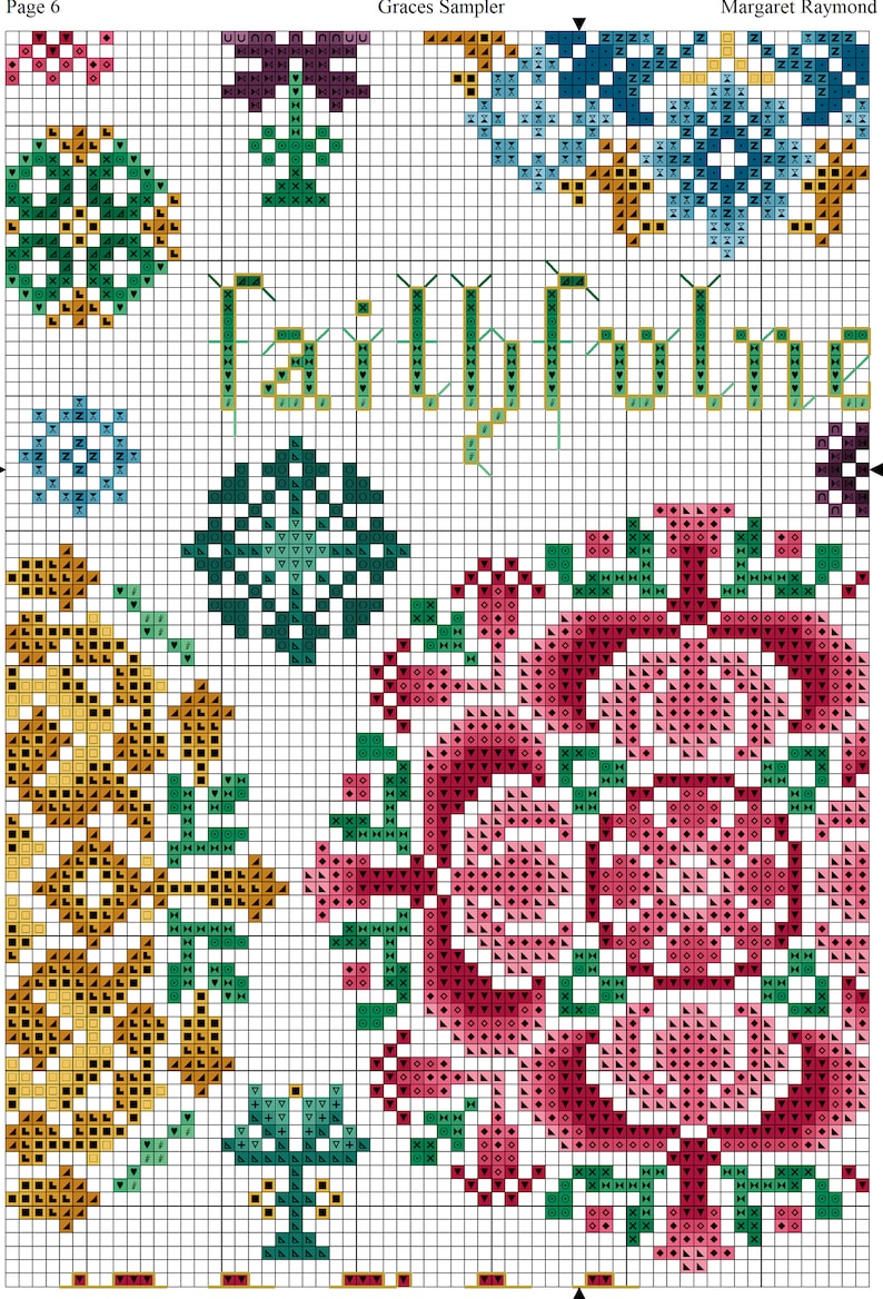 May include: Cross stitch pattern for a sampler featuring the word "Welcome" in green and gold thread. The pattern also includes a rose, a flower, and a geometric design. The pattern is titled "Graces Sampler" and is by Margaret Raymond.
