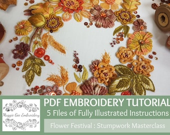 Harvest Flower Festival Stumpwork Embroidery PDF Tutorial Pack with illustrated instructions By Maggie Gee Embroidery