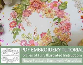 Flower Festival (Apricots) Stumpwork PDF Tutorial Pack Embroidery with wonderful  illustrated instructions By Maggie Gee Embroidery