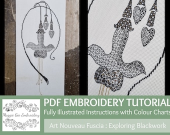 Blackwork Embroidery PDF Tutorial Pack: Jugendstil Fuscia wundervolle illustrierte Anleitungen berühmt für Klarheit By Maggie Gee Embroidery