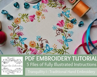 Traditional Embroidery PDF Tutorial Pack 'Tranquillity' (Brights) with illustrated instructions famed for clarity By Maggie Gee Embroidery