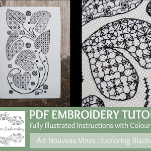 Blackwork Embroidery PDF Tutorial Pack : Art Nouveau Vines wonderful illustrated instructions  famed for clarity By Maggie Gee Embroidery