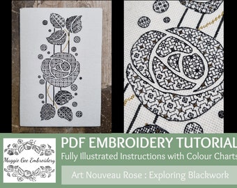 Blackwork Embroidery PDF Tutorial Pack : Wunderschöne bebilderte Anleitung im Jugendstil von Maggie Gee Embroidery