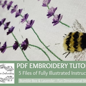 Embroidery PDF Tutorial Pack : Bumble Bee and Cottage Lavender Beautiful wonderful illustrated instructions from Maggie Gee Embroidery