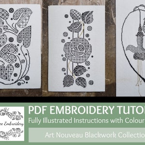 Pacchetto tutorial PDF per ricamo Blackwork: set completo Art Nouveau x3 Grafici e istruzioni famosi per la chiarezza di Maggie Gee Embroidery