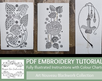Blackwork Embroidery PDF Tutorial Pack: Komplettes Jugendstil-Set x3 Charts und Anleitungen, die für Klarheit berühmt sind Von Maggie Gee Embroidery