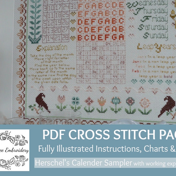 Heirloom Cross Stitch PDF Chart & Instructions Pack Herschel's Perpetual Calendar  By Maggie Gee Embroidery