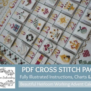 Calendário do Advento em Ponto Cruz de Natal com Gráfico em PDF e Pacote de Instruções: Lindo Ponto Cruz por Maggie Gee