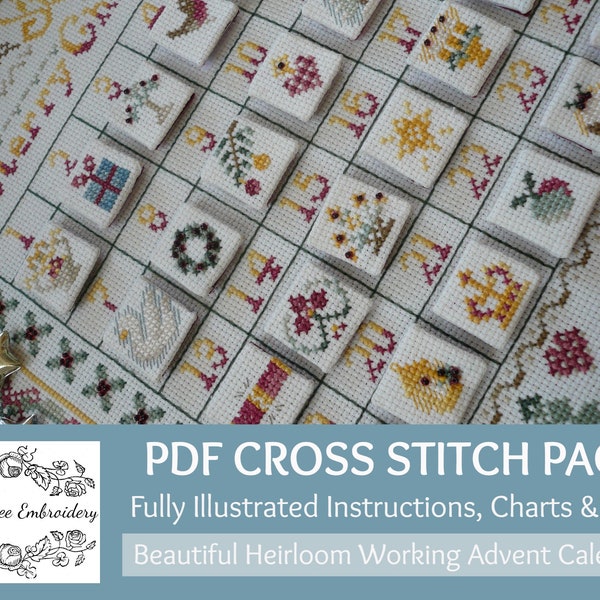 Heirloom Kerst Cross Stitch Adventskalender PDF-grafiek & Instructies Pack: Mooie Cross Stitch door Maggie Gee