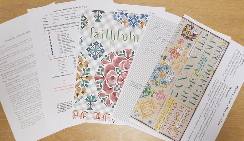 May include: A cross stitch pattern with instructions and a colour key. The pattern includes a floral design with the word "Faithful" in the centre. The pattern is printed on white paper.