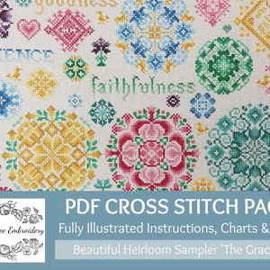 May include: PDF cross stitch pattern pack for a sampler titled 'The Graces'. The pattern features a variety of colourful floral and geometric designs. The pattern is fully illustrated with instructions, charts, and keys.