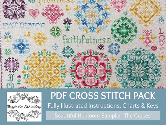 Stunning Quaker Heirloom Count Cross Stitch PDF Chart & Instructions Pack 'The Graces' (Galatians 5: 22-23) By Maggie Gee Embroidery