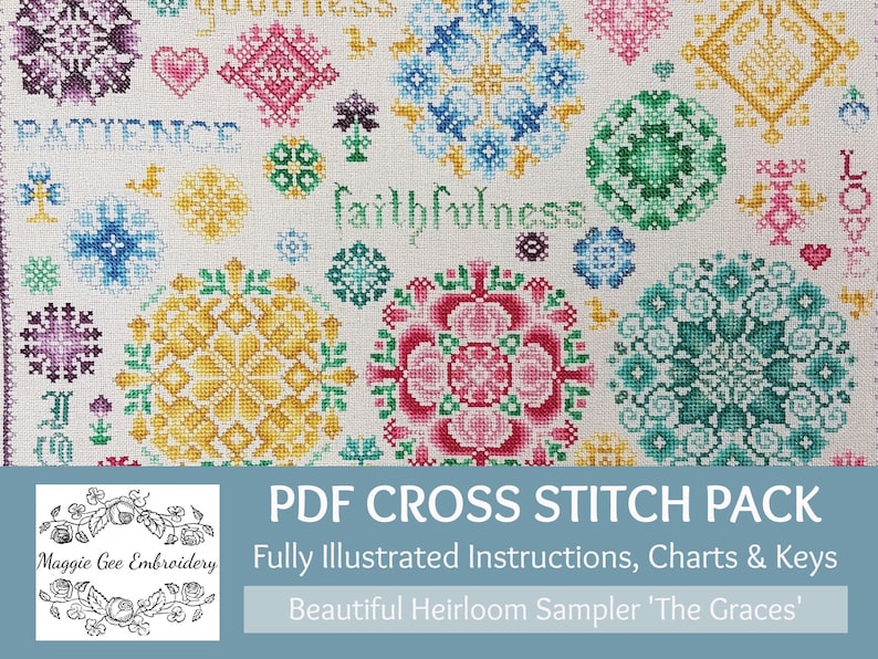 May include: PDF cross stitch pattern pack for a sampler titled 'The Graces'. The pattern features a variety of colourful floral and geometric designs. The pattern is fully illustrated with instructions, charts, and keys.