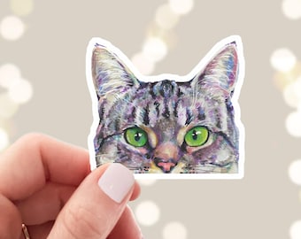 Peeking Gray Tabby Cat Sticker - Die Cut Vinyl, Weather Proof, Water Resistant, Small Grey Tabby Cat Face Peeking Over Edge Tiny Sticker