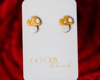 Toadstool Earrings - whimsical beige and white mushroom studs, cute cottage core, polymer clay jewelry, hand crafted cute earrings