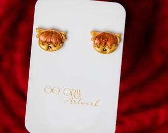 Highland Cow Earrings - whimsical simple studs, cute gold color fuzzy cow face, polymer clay jewelry, hand crafted cute earrings