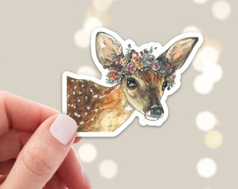 Fawn Sticker - Die Cut Vinyl, Weather Proof, Water Resistant, Baby Deer with Flower Crown, Floral Headband for Laptop, phone case, fun