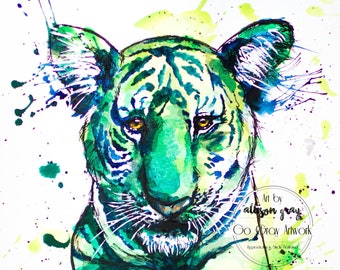 8x10 Green Tiger Watercolor PRINT Painting - Giclee print - Tiger Lovers Gift and Home Decor - Big Cat Safari Wall Art Zoo Animal Decor