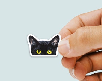 Mini Peeking Cat Sticker - Die Cut Vinyl, Weather Proof, Water Resistant, Small Black Cat Face Peeking Over Edge Tiny Sticker for Bottle