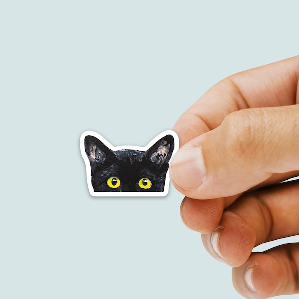 Mini Peeking Cat Sticker - Die Cut Vinyl, Weather Proof, Water Resistant, Small Black Cat Face Peeking Over Edge Tiny Sticker for Bottle