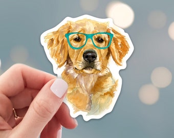 Golden Retriever Sticker - Die Cut Vinyl, Weather Proof, Water Resistant, Puppy Golden Retriever in Glasses, Cute Puppy Sticker, Laptop Art