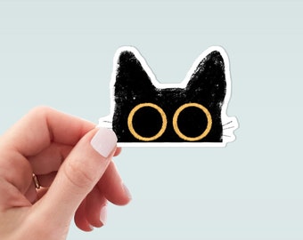 Cute Peeking Cat Sticker - Die Cut Vinyl, Weather Proof, Water Resistant, Black Cat Face with Large Yellow Eyes Peeking Over Edge Sticker