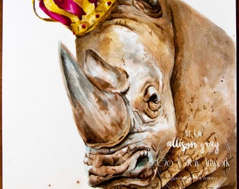 Crowned Rhino Original 8x10 Painting - Colored India Ink Art of Fun Nursery Animal Decor - Royal Rhinoceros Wall Art