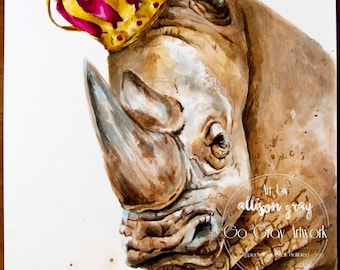 Crowned Rhino Original 8x10 Painting - Colored India Ink Art of Fun Nursery Animal Decor - Royal Rhinoceros Wall Art