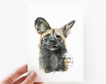 African Dog Original Watercolor Painting - 5x7 Erie PA Zoo Animal Wall Art - All Proceeds Donated - Painted Dog Art