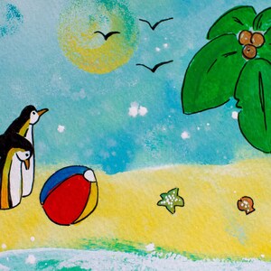 Original Acrylic Painting 5x7 of Cartoon Penguins Nursery Wall Art - Playful Artwork, Shower Gift Idea, Home Decor, Kids Room Artwork