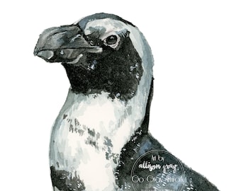 African Black Footed Penguin Original Watercolor Painting - 5x7 Erie PA Zoo Animal Wall Art - All Proceeds Donated