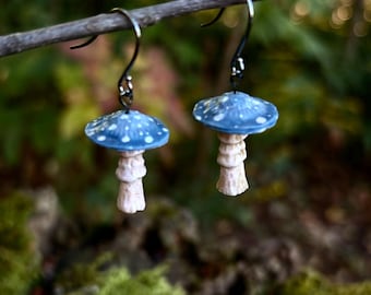 Toadstool Drop Earrings: Cottagecore Polymer Clay Blue Mushrooms