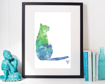 Sitting Cat Silhouette - 8x10 Watercolor Green and Blue Print Artwork of Colorful Cat for Pet Lovers, Kitten Lover Gift, Decor