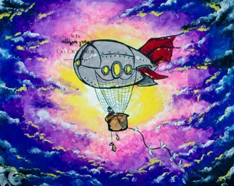 Steampunk Airship Acrylic Painting 16x20 on stretched canvas - Unique and Colorful blimp wall decor artwork