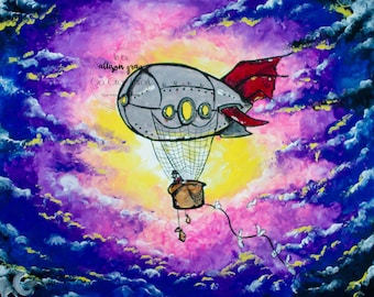 Steampunk Airship Acrylic Painting 16x20 on stretched canvas - Unique and Colorful blimp wall decor artwork