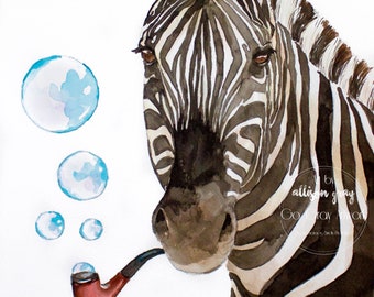 Refined Zebra Original 8x10 Painting - Colored India Ink Art of Fun Nursery Animal Decor - Posh Bubble Pipe, Fancy Funny Zebra, Wall Art