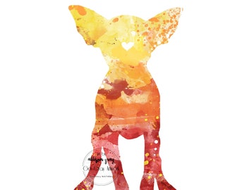 Chihuahua Puppy Silhouette - Watercolor Print Artwork of Colorful Red, Orange & Yellow Dog for Pet Lovers, Dog Lover Gift, Decor, Wall Art