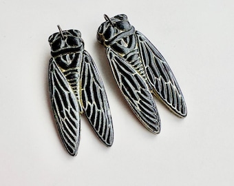 Cicada Drop Earrings: Handmade Polymer Clay Locust Insect Jewelry