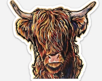 Highland Cow Sticker - Die Cut Vinyl, Weather Proof, Water Resistant, Cute Hairy Bovine, Long Haired Cow for Laptop, phone case water bottle