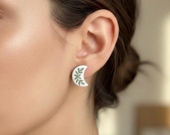 Crescent Harvest Moon Stud Earrings: Polymer Clay Whimsical Jewelry