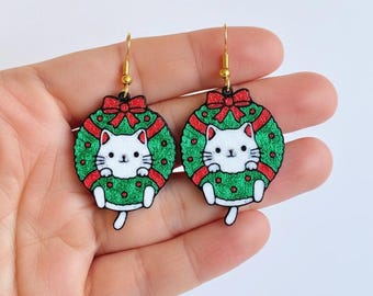 Christmas Cat Wreath Earrings - Holiday Jewelry
