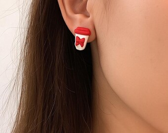 Christmas Coffee Cup Stud Earrings: Handmade Polymer Clay Winter Jewelry