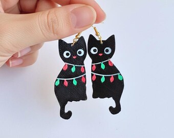 Christmas Black Cat Earrings - Holiday Lights Jewelry