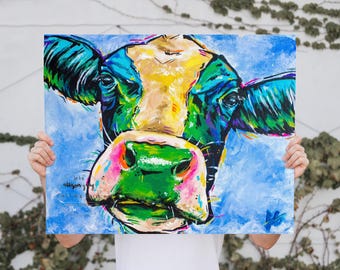 Cow Face Acrylic Painting 16x20 on stretched canvas - Unique and Colorful Pop Art wall decor artwork - Barnyard Farm Friends