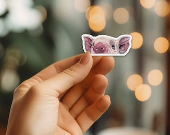 Mini Peeking Pig Sticker - Die Cut Vinyl, Weather Proof, Water Resistant, Small Cute pink pig Face Peeking Over Edge Tiny Sticker