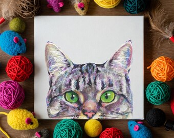 Peeking Gray Tabby Acrylic Painting 6x6 on gallery wrap stretched canvas - Grey Tabby Cat - Colorful kitten wall artwork - Pet Portrait Art
